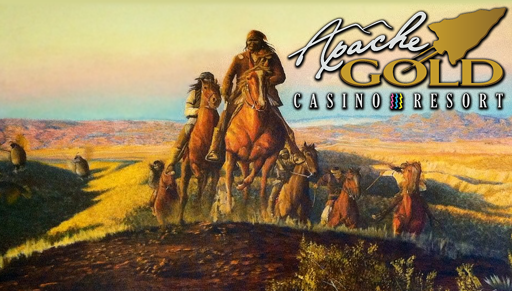 Apache Nation picture of Geronimo on horseback and the Apache Gold Casino logo.